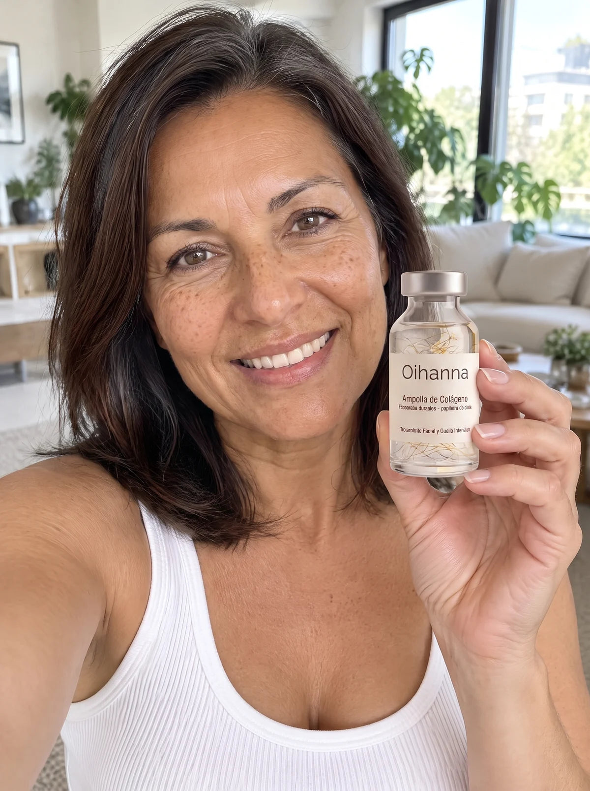 Mujer sujetando el sérum coreano Oihanna de péptidos de seda